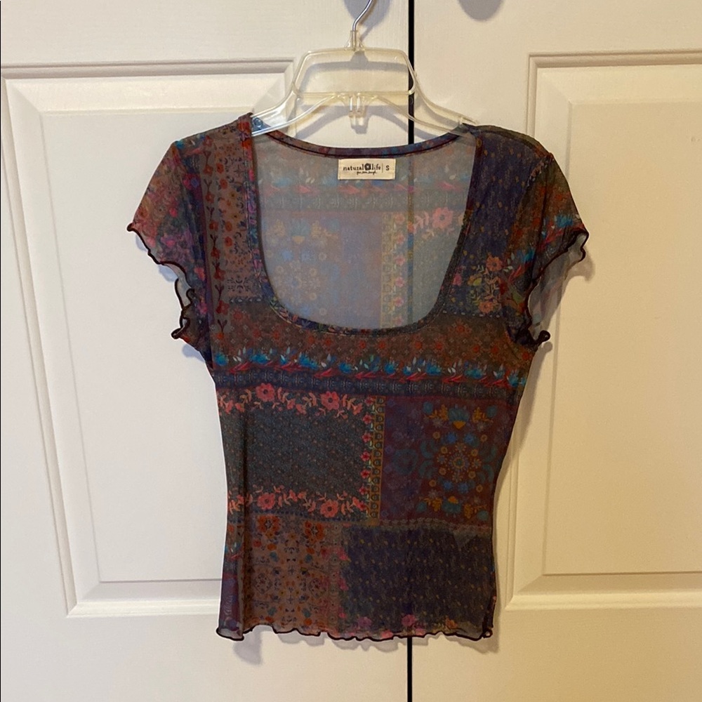 NATURAL LIFE Brown and Blue Fitted Flutter Sleeve Blouse